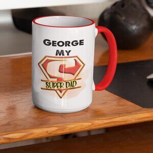 26 My super dad Red Rim and Handle Personalized, 11oz Coffee Mug, Gifts